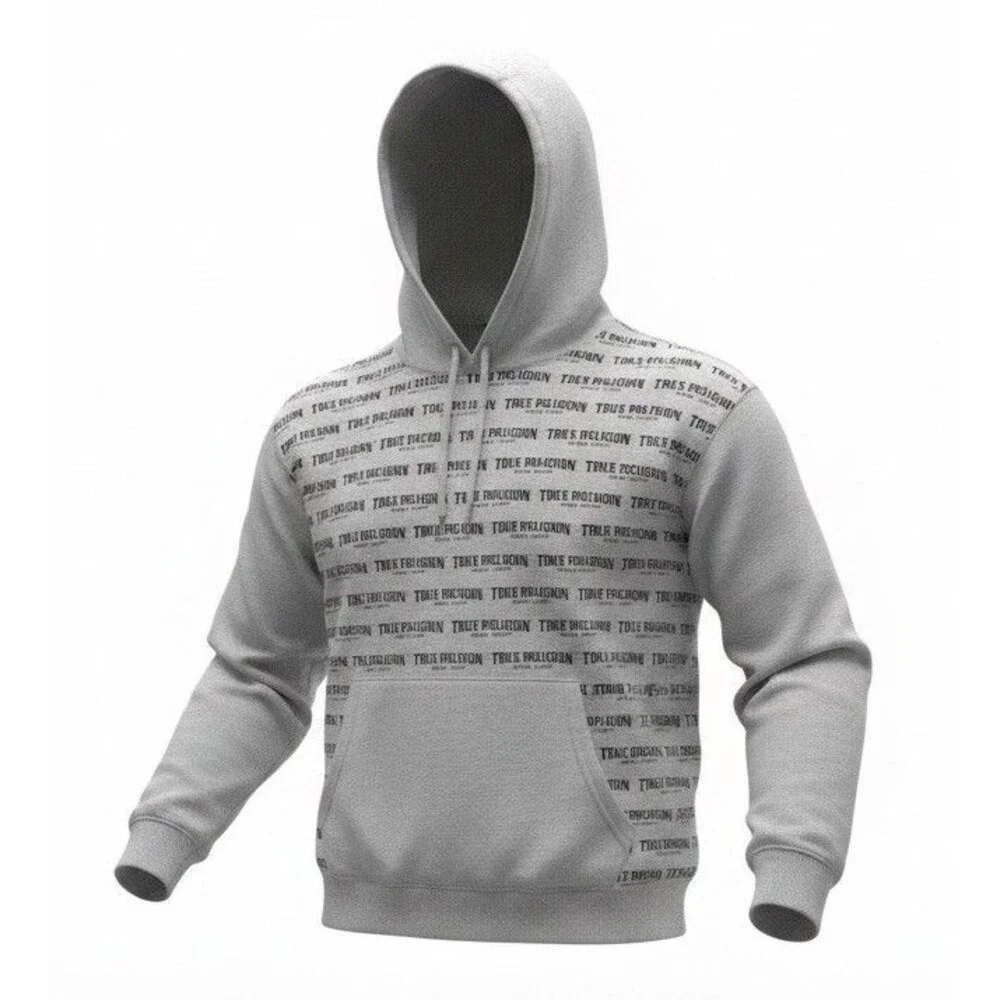 True Religion Hoodie Mens XL Gray Logo Print Pullover Cotton Blend NEW